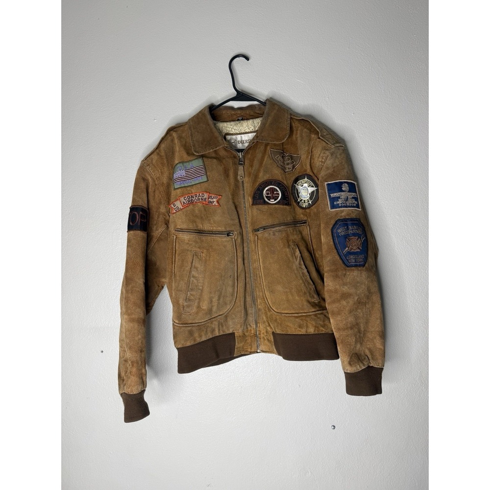 Deerskin Leather Bomber Jacket American Flag & Patches Brown Men's Size M